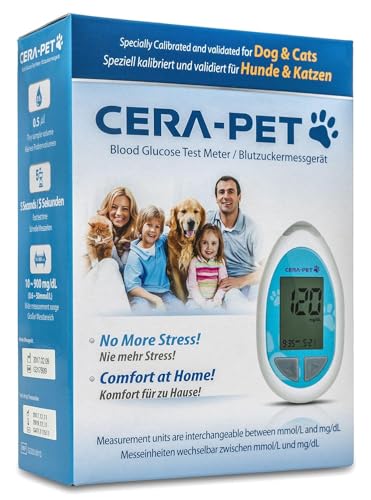Cera-Pet Blutzuckermessgerät für Tiere I Geeignet für Hunde und Katzen I Vorteilspack: Zusätzlich 50 Blutzuckerteststreifen und 50 Lanzetten im Sparpaket