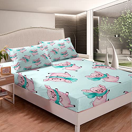 Pig Printed Bed Sheet Set Cute Animal Bedding Set Pet Pig Pattern Fitted Sheet for Boys Girls Kids Room Decor Lightweight Cartoon Pink Pig Bed Cover Full Size with 2 Pillow Case