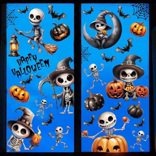 511pxvyqOML._AC_ CCINEE 8 Sheets Scary Skeleton Halloween Window Stickers Double Sided Skeleton Bat Pumpkin Gel Window Stickers for Halloween Party Glass Sticker Interior Mirror Wall Decoration