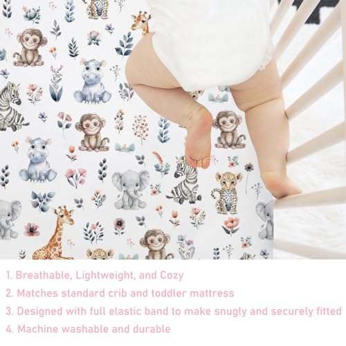Image of Jungle Safari Animals Boho Floral Baby Crib Sheets 52''x28'' Leopard Elephant Giraffe Zebra Hippo Monkey Stretchy Fitted Crib Mattress Cover for Boy Girl Bed Sheet for Standard Crib Toddler Mattress