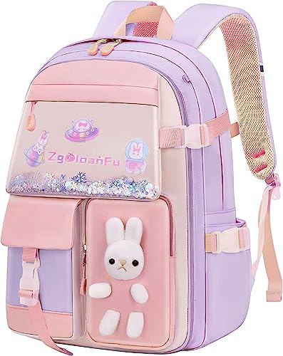 pisyae Kids Backpack for Girls 16 Inch Girls bunny Backpack Kids Elementary School Bags Child Bookbags Light Purple Backpack Kindergarten Preschool Elementary
