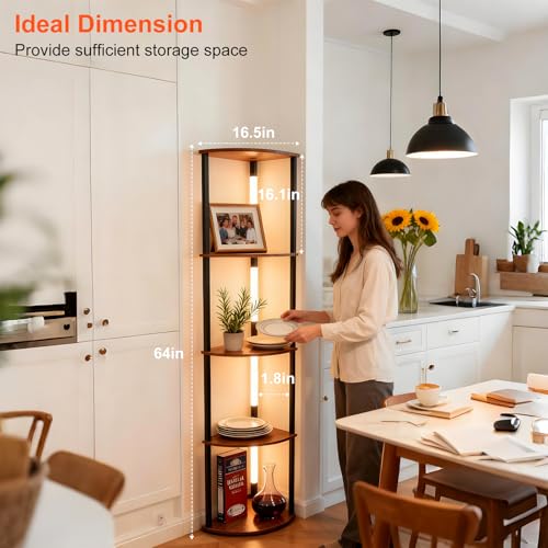 Image of Lightdot Corner Floor Lamps with Shelves, 64Inch 5-Tier Storage Shelf Lamp with Integrated LED Posts /Amber Shelf /Black Frame, Black Display Floor Lamp for Living Room Bedroom /Sofa Beside /Corner Decor