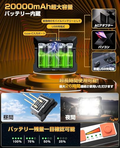 極高輝・明さ100%最大点灯12時間 LED投光器 200W高輝度 20000mAh ソーラー充電対応 ポータブルサーチライト 防災・アウトドア最適 充電式投光器 Type-C/ソーラー充電 登山 夜釣り 夜間訓練 作業用 停電 防災 地震 避難対策 キャンプ アウトドア 投光器 充電式 led 作業灯