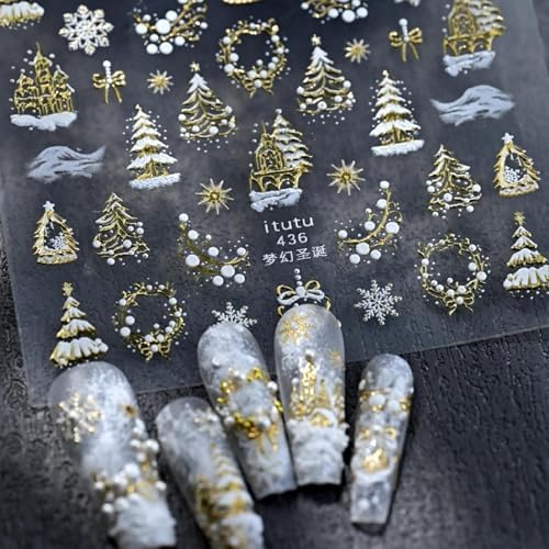 Image of Christmas Nail Art Stickers Xmas Tree Nail Decals Gold Nail Stickers for Nails Art Garland Snowflakes Nails Decals 5D Embossed Self Adhesive Nails Sticker for Women Manicure DIY Decoration Accessories