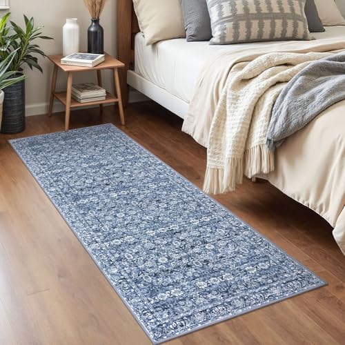 2x5 Washable Small Area Rug for Entryway, Blue Soft Non-Slip Indoor Door Mat Distressed Floral Low-Pile Rus Neutral Vintage Carpet for Entrance Kitchen Bedside Farmhouse