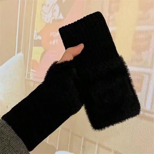 2025 New Mink Fleece Half Finger Gloves For Women, Soft & Warm Luxury Solid Color Plush Knitted Fingerless Gloves, Winter, Black