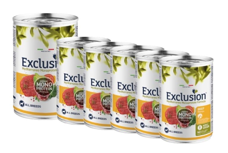 EXCLUSION Monoproteico All Breeds adult, alimento completo per cani adulti di tutte le taglie, monoproteico, n.6 scatolette da 400gr. l'una, GUSTI MISTI (Manzo)