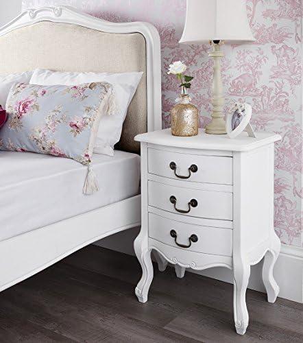 Juliette Antique White 3 Drawer Bedside Table, FULLY ASSEMBLED, antique brass handles