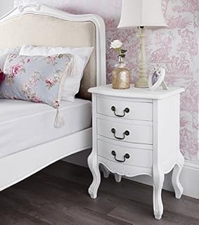Juliette Antique White 3 Drawer Bedside Table, FULLY ASSEMBLED, antique brass handles