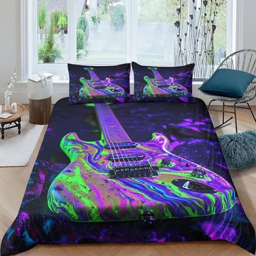 Housse de couette guitare néon 3D microfibre parure de lit single pour garçon - 4