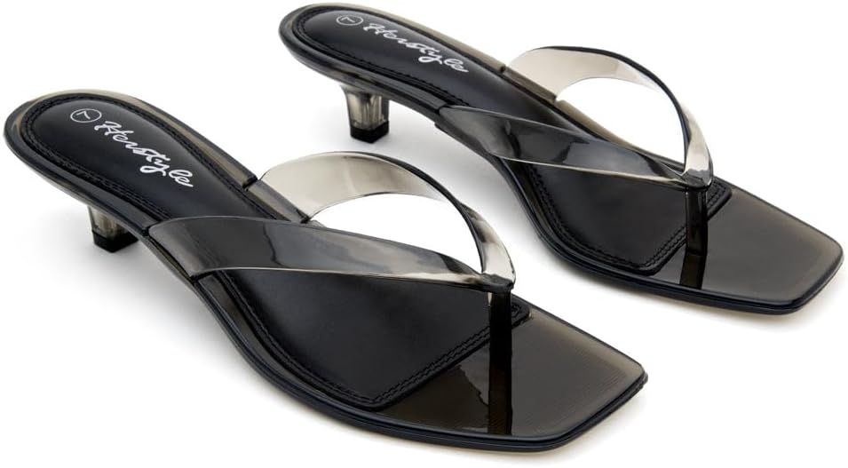 Herstyle Women’s Kitten Heels Clear Jelly Slides, Square Toe Thong Flip Flop, 1.5 Inch Low Heel Slip-On Open Toe Dressy Summer Sandals for Vacation Beach