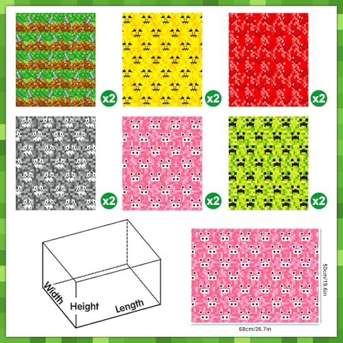 Unvtap Geschenkpapier 12 Blatt Miner Gamer Geschenkpapier 68cm x 51cm Pixel Packpapier, Gift Wrapping Paper für Happy Birthday Party, Einschulung, Geburtstag Deko (6 Stile)