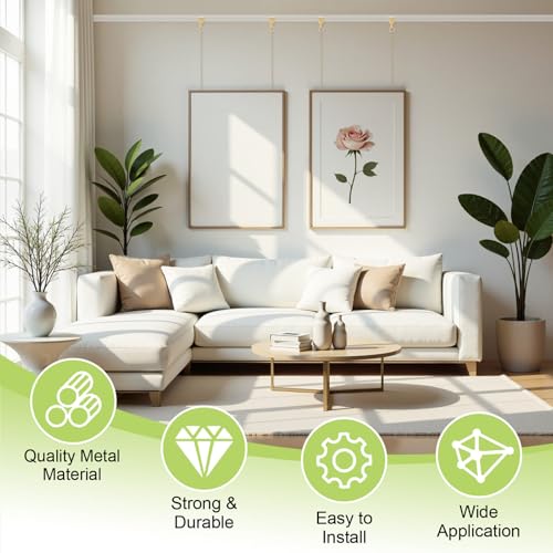 Image of Picture Hanging Kit 6Pcs Picture Rail Hooks with 6Pcs Chains, Metal Rail Hanging Hooks Picture Display Hanging System for Wall Picture, Exhibition(Gold, 30CM)