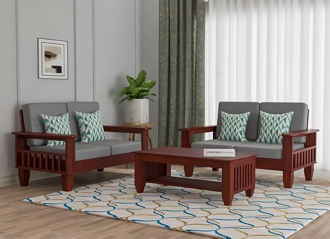 Image of Sheesham Wooden 4 Seater Sofa for Living Room | Rosewood 4 Seater Cushion Sofa with Side Newspaper Holder for Home & Office (-Mahogany Finish,2+2 Seater)