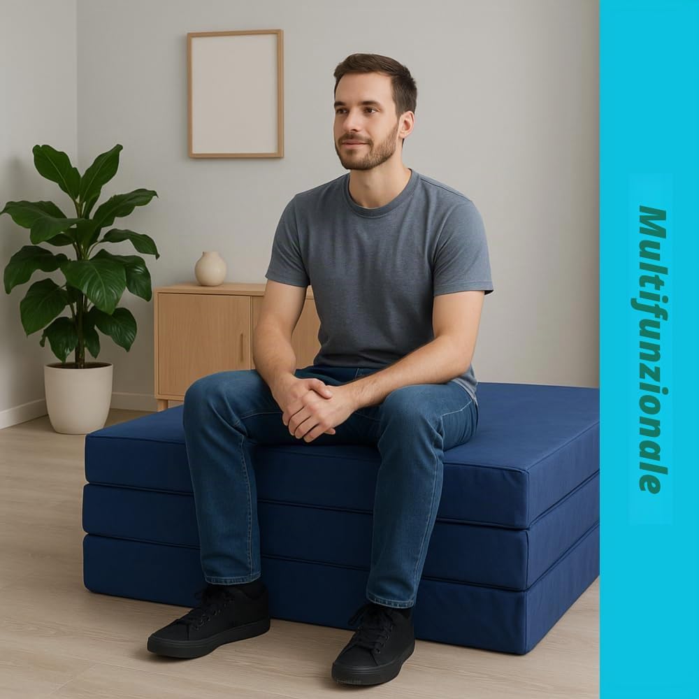 FORTISLINE - Materasso pieghevole 180 x 65 x 7 cm – 3 pezzi – Materasso per ospiti H2 – Pieghevole – Letto da campeggio – Lavabile – Pieghevole – Materasso da viaggio – Materasso in schiuma