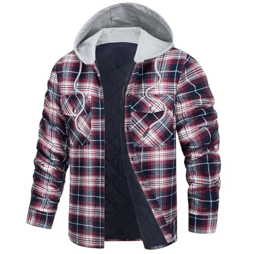 Veste à capuche en flanelle pour homme rouge et noire à carreaux F7