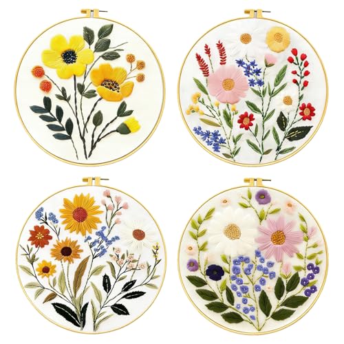 Image of Zhenqing 4-Piece Floral Embroidery Kit for Beginners - Complete Set with Printed Cotton Fabric, Hoop, Threads & Tools (C0155)
