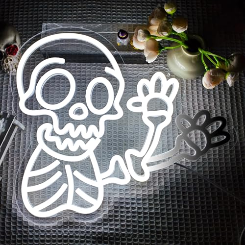 Image of Waving Skeleton Neon Sign for Wall Decor Dimmable Flashing Halloween Neon Signs Halloween Neon Lights Ghost Skull Led Wall Decor