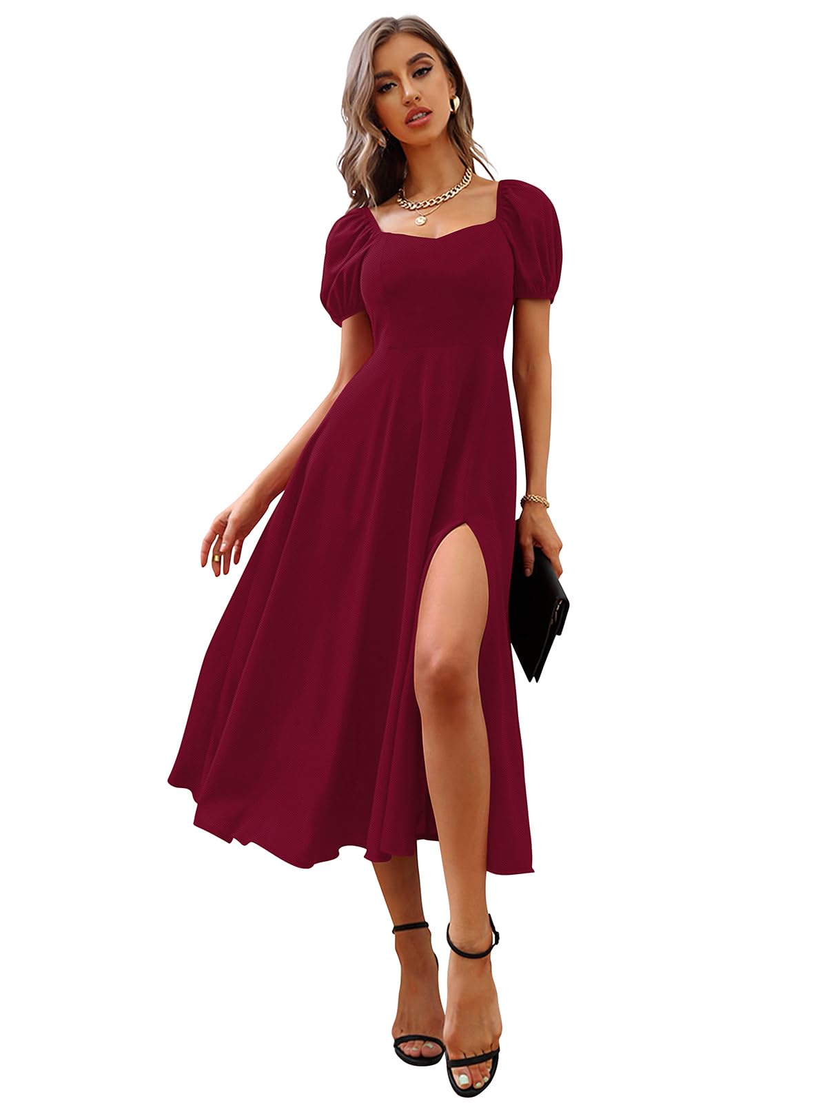 illi london Women's A-line Sweetheart Neck with Leg Spilt Cut and Puff Sleeve Dress-picture-23