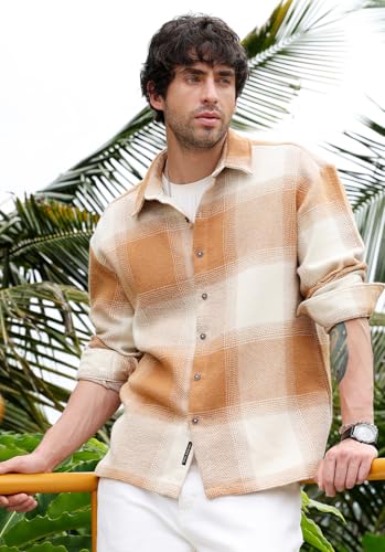 Image of CAHOOT Men's Vignette Checkered Oversized Shirt | Spread Collar, Long Single Button Cuff Sleeves | Button, Straight Hem | Plaid Twill | Woven Fabric for Casual Tan Brown:Off White