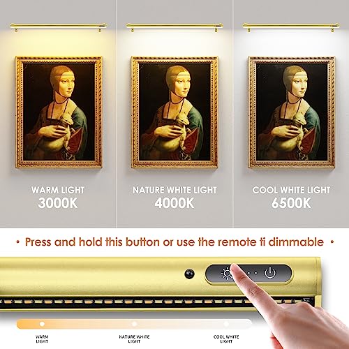 Image of Battery Operated Wireless Picture Light,Rechargeable /Plugged in 31.5inch Painting Display Light,Remote Control Wall Lights with Three Modes and Timing for Art Frame (2 Gold)