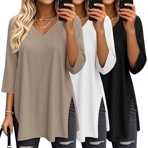 Image of Suilung 3 Pack Women's 3/4 Sleeve Oversized T-Shirts V Neck Casual Tunic Tops Knit Side Split Basic Workout Loose Fit Tees(XX-Large,Black, White, Khaki)
