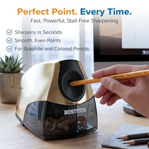 Image of Bostitch Office Electric Pencil Sharpener for Classroom & Desk Use, Heavy-Duty Stall-Free Motor, High-Capacity Shavings Tray, Gold Chrome