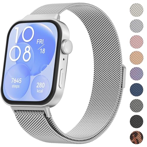 Amzpas Metall Armband für Huawei Watch Fit 3/4 / 4 Pro Armbänder Damen Herren Edelstahl Ersatzarmband Starkem Magnetverschluss Loop Uhrenarmband für HUAWEI Watch FIT 4/4 Pro /3 Silber