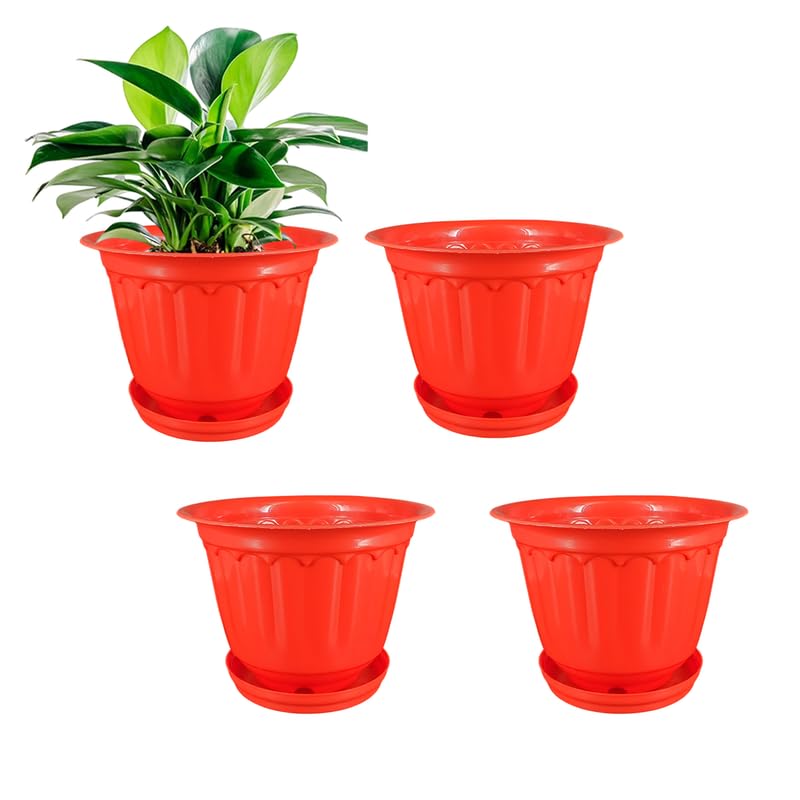 GARDENS NEED 8-Inch (20.32cm) Jasmine Flower Pot with Drip Tray - Round Shape Planter | Perfect for Home, Office, Garden, Terrace, Balcony or Gift Decor| (Pack of 4) - Red