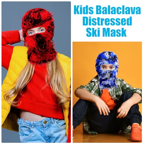 Chuarry 4 Pcs Kids Distressed Balaclava Face Mask Windproof Knitted Distressed Ski Mask Winter Full Face Mask for Boys Girls2
