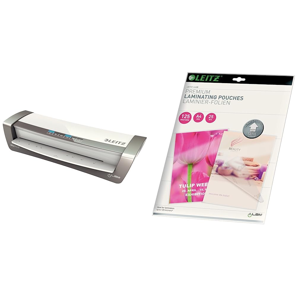 Leitz A3 Laminiergerät Office Pro, Für 80 bis 175 mic Laminierfolien, Weiß/Silber, iLAM, 75180084 & Heißlaminierfolien A4 125 mic, Laminierfolien in Premium-Qualität im 100er Pack, Glänzend
