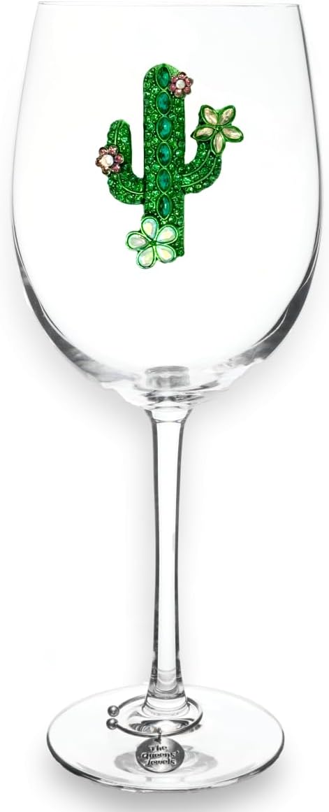 THE QUEENS' JEWELS Cactus with Blooms Jeweled Stemmed Wine Glass, 21 oz. - Unique Gift for Women, Birthday, Cute, Fun, Not Painted, Decorated, Bling, Bedazzled, Rhinestone