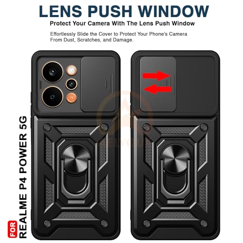 Image of Armor Bumper Back Cover Case for Realme P4 Power 5G | Rotating Camera Cover, Ring Holder & Kickstand | Heavy Duty & 360 Degree Protection Back Cover (Black)