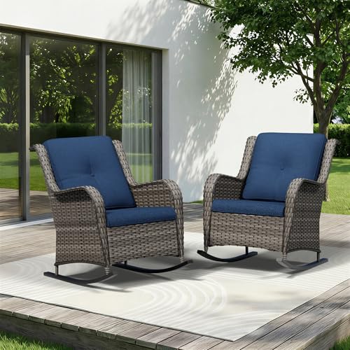 Image of Patio Rocking Chairs Set of 2, Outdoor Wicker Patio Furniture Set 2 Pieces with Thickened Olefin Cushions, High Back and Deep Seating, Hand-Woven PE Rattan for Porch, Deck, Blue