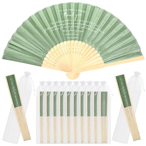 Menkxi 30 Pcs Silk Fabric Folding Fans Bulk for Wedding Guests Thank You Bamboo Folded Hand Fan for Bridal Shower Decoration Favor Vintage Handheld Fans Souvenirs with Organza Bag (Sage,Classic)