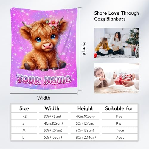 Personalized Blanket Highland Cow Gifts for Kids Girls - Soft Lightweight Flannel Throws for Couch, Sofa 4 Sizes