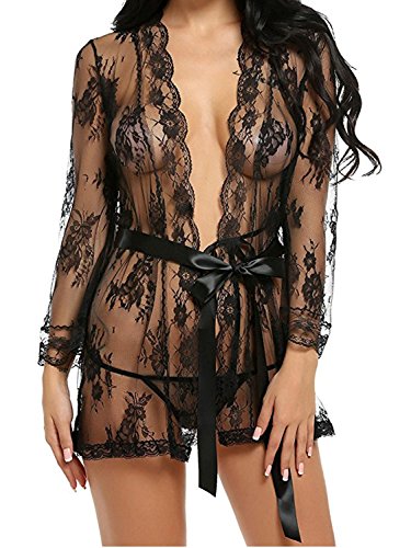 Moon Angle Lencería sexy Robe Vestido de Mujer Erótica badydolls ropa interior kimono Ropa de Dormir Trajes Sexuales Tallas grandes Lencería Albornoz (XXL, negro)
