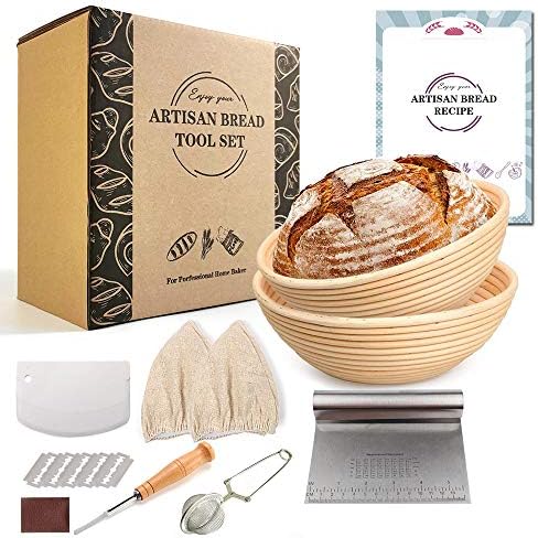 LDG Two 9 Inch Round Bread Proofing Basket 9pcs Set with Making tools and Supplies Includes Mesh Sifter Baking Wicker Bowl Cloth Liner Stainless Steel Scraper Lame and Recipe Manual (9pcs Rattan Banneton )