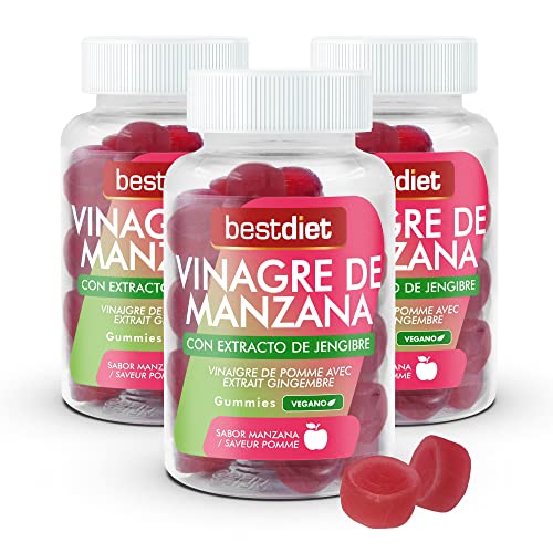 BestDiet - Gummies Vinagre De Manzana - Complemento alimenticio Vegano – formato caramelos de goma - con Vinagre De Manzana Y Jengibre - Reduce el Colesterol – antioxidante - Pack 3 BOTE DE 180gr