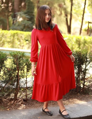 Image of Arshiner Girls Maxi Dresses Lantern Long Sleeve Casual Holiday Dress with Pockets for 5-14 Y