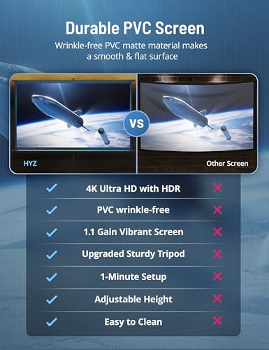 Projector Screen and Stand, HYZ 100 inch Large Indoor Outdoor PVC Movie Projection Screen 4K HD 16:9 Wrinkle-Free Design for Backyard Movie Night(Easy to Clean, 1.1Gain, 160°Viewing Angle&Carry Bag)