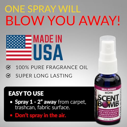 Image of Scent Bomb Air Freshener Spray, Long-Lasting Odor Eliminator - Effective Deodorizer for Home & Car, Fresh Room Spray for Kitchen, Bathroom & Smell Neutralizer - 1 oz Pack of 4, Mulberry Scent