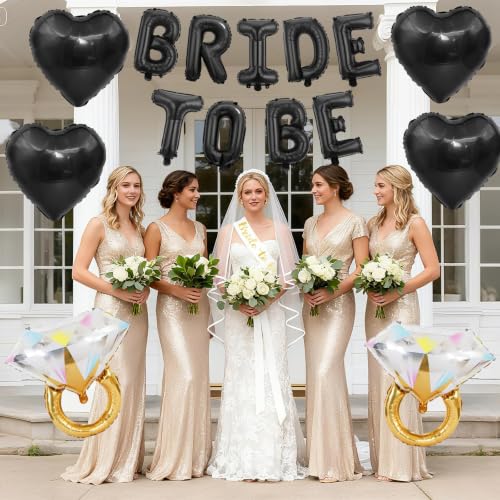 Image of Black Bachelorette Party Decorations, Black Bride to Be Banner Heart Balloons with Diamond Ring Foil Balloon, Gold Bride to Be Sash&Veil for Bachelorette Engagement Gift Bridal Shower Party Supplies