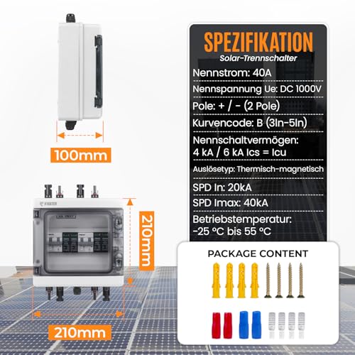 PJERJZN Solar Kombigerät (1-in-1-Out/2-in-2-Out/4-in-4-Out) mit 1000V DC 40A LS-Schalter & 20-40KA SPD, IP65 Wasserdichtes Gehäuse (PC+ABS) für Wohnmobile/Dach/Inselanlagen (2-in-2-Out)