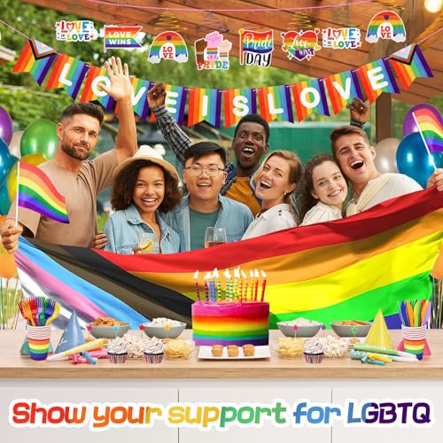 Image of Gay Pride Rainbow Party Decorations - Hanging Swirls & Banners, Love is Love Pride Month Decor for Lesbian Bisexual Transgender LGBTQ Home Office(44PCS)