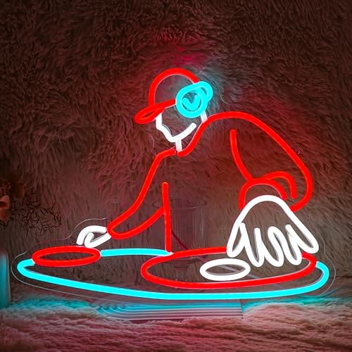 Image of DJ Player Neon Sign Bar Neon Light Wall Decor 16.5 * 12.6 Inch LED DJ Light Up Sign for Bar Club Live Music Concert Bedroom Party Neon Decor (USB Dimmable)