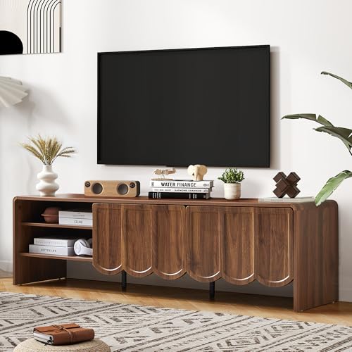 ORRD 63'' TV Stand, Modern TV Console Table Wave Panel Television Stands Entertainment Media Center with Storage Compartment and Sliding Door for Living Room (Walnut)