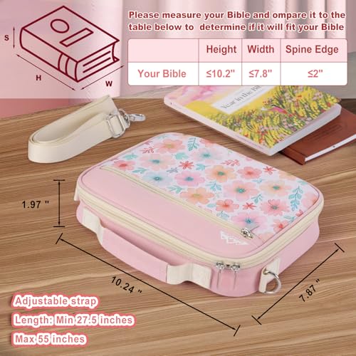 supregear Bible Cover Case for Women, Carrying Book Canvas Church Bag with Shoulder and Handle for Study Supplies Accessories, Quilted Organizer Christian Gift for Girl/Ladies, Floral Pink