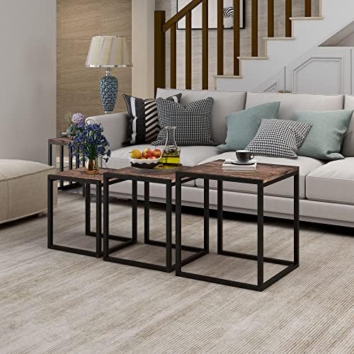 DUMEE Nesting Tables Set of 3, Stacking Side Tables, Sofa End Tables, Wooden Coffee Table, Steel Metal Legs, for Living Room, Black and Rustic Brown