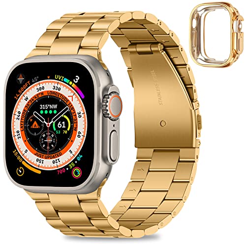 HITZEE Compatible with Apple Watch Ultra Band 49mm Business Stainless Steel Metal Strap Men Women Link Bands with Case Compatible for Apple Watch Ultra 2 Ultra, 49mm Gold